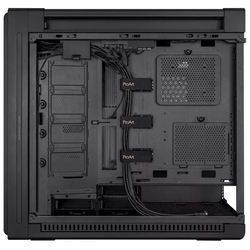 PC-korpus ASUS ProArt PA602 Midi Torn Must — ATX/EATX tugi, karastatud klaas, 2x200 mm esiventilaatorid, 360 mm ülemine radiaator, GPU kuni 450 mm