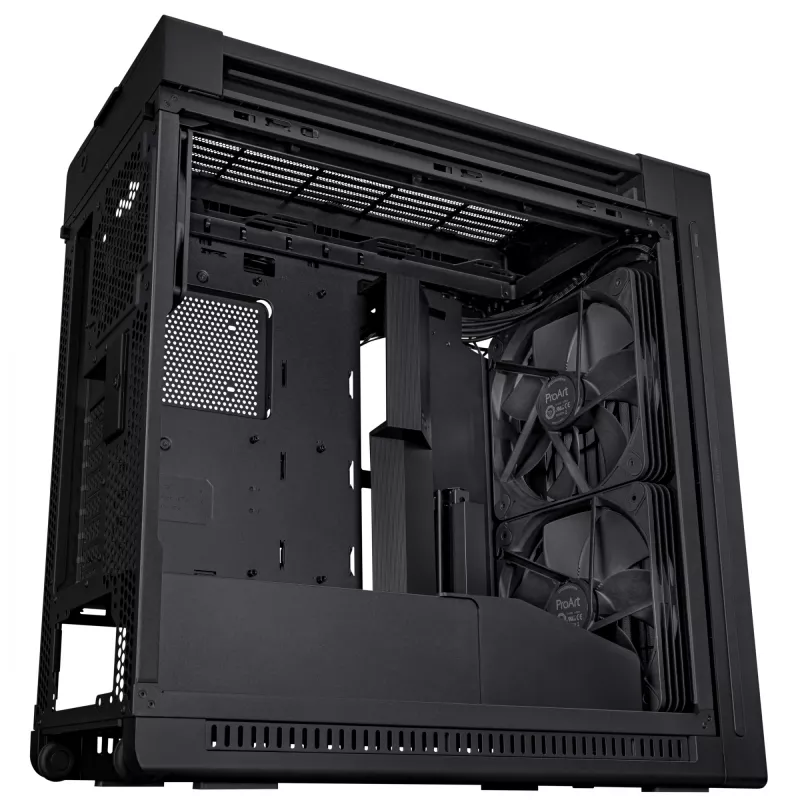 PC-korpus ASUS ProArt PA602 Midi Torn Must — ATX/EATX tugi, karastatud klaas, 2x200 mm esiventilaatorid, 360 mm ülemine radiaator, GPU kuni 450 mm
