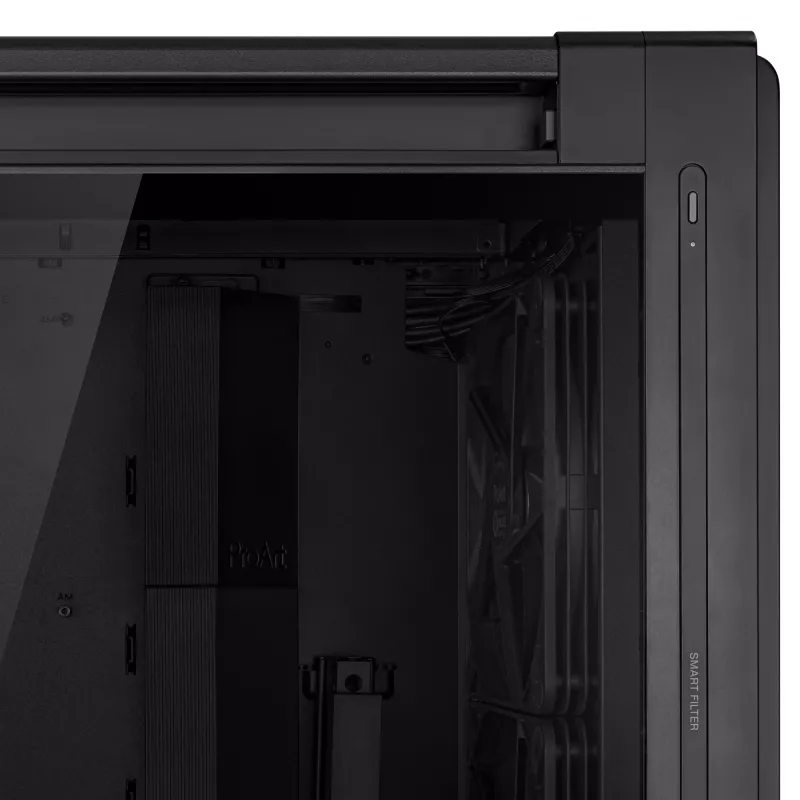 PC-korpus ASUS ProArt PA602 Midi Torn Must — ATX/EATX tugi, karastatud klaas, 2x200 mm esiventilaatorid, 360 mm ülemine radiaator, GPU kuni 450 mm