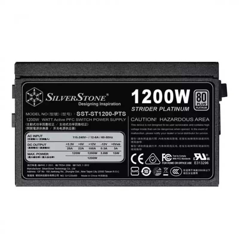 Toiteplokk SILVERSTONE ST1200-PTS 1200 W 80 PLUS Platinum, 20+4 pin ATX, 120 mm ventilaator, Must