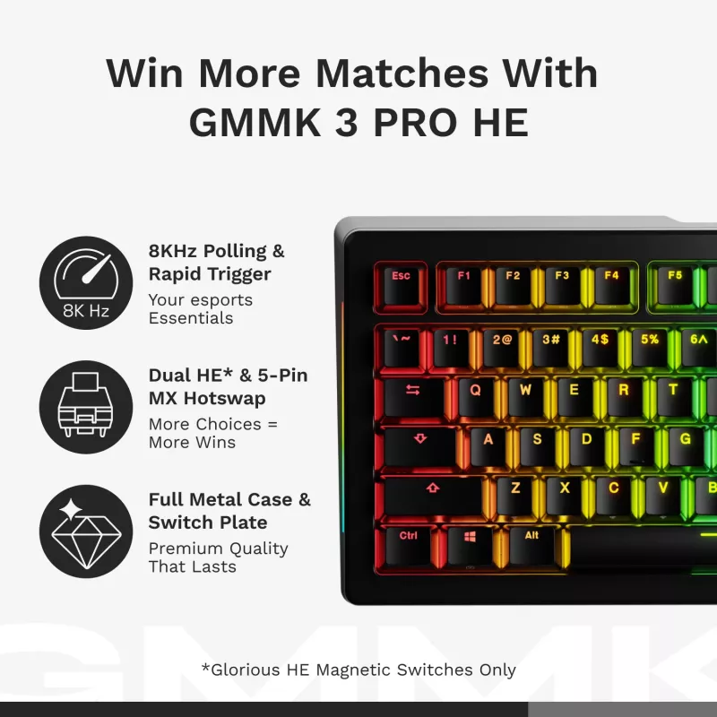 Mehaaniline mängurklaviatuur GLORIOUS GMMK 3 PRO HE 75% traadita RF + Bluetooth, RGB, US QWERTY, must