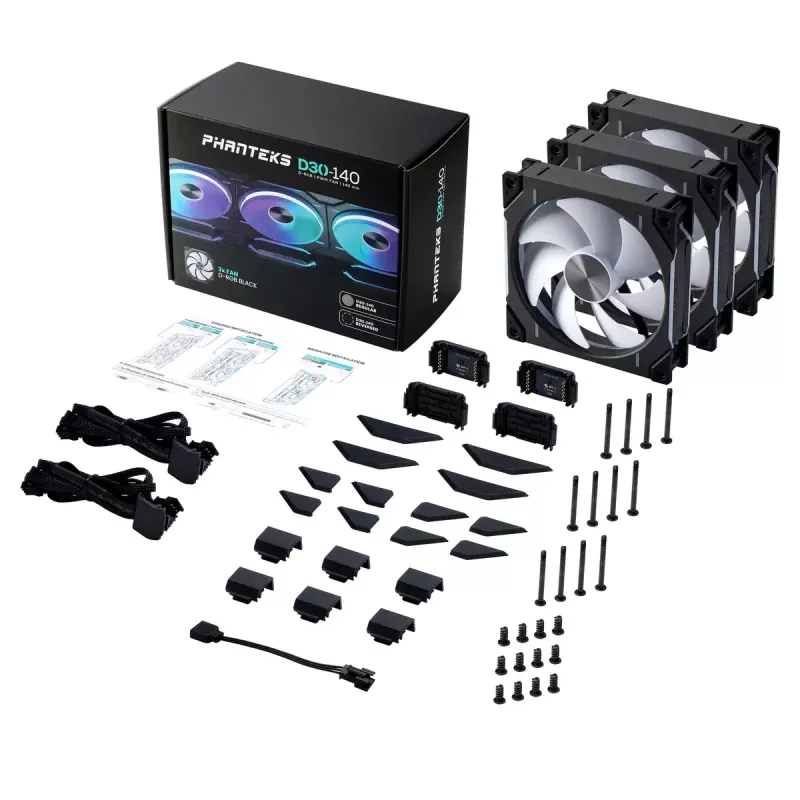 Korpuse ventilaator PHANTEKS PH-F140D30 140 mm, 2-käiguline, 250–1800 RPM, 71,93 CFM, topelt kuullaagrid, 12 V, must (3 tk)