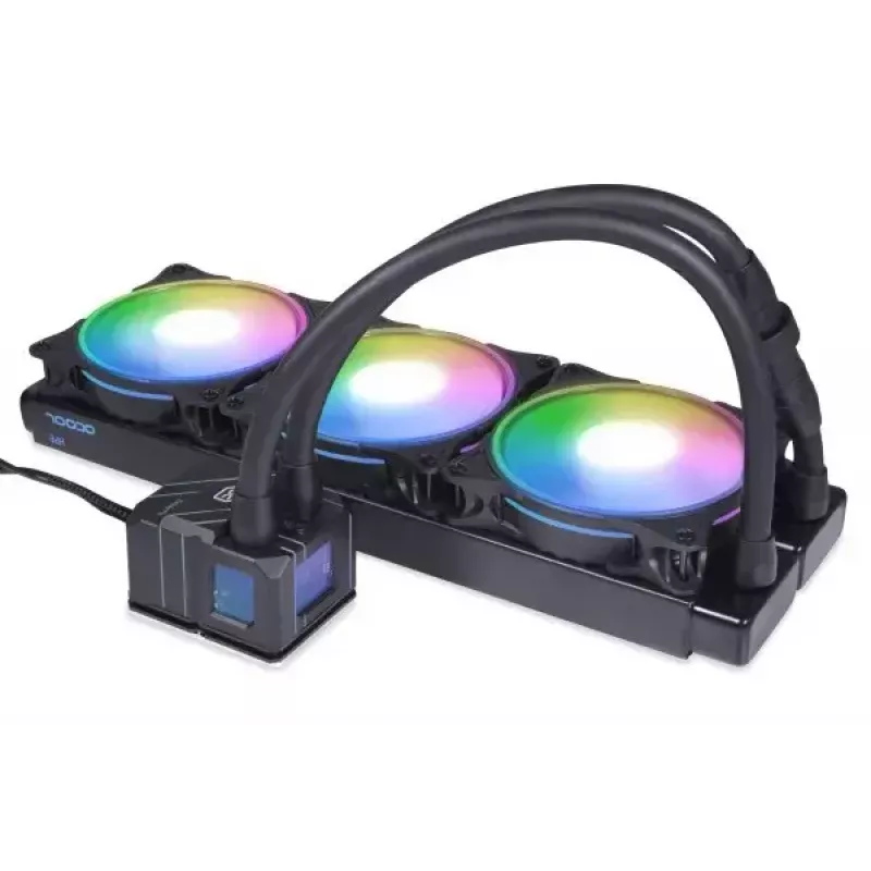Muldade kõik-ühes vedelikjahuti Alphacool 13074 — 120 mm ventilaatorid, 3 ventilaatorit, 2500 p/min, 40 cm torud, vasest radiaator, mitmevärviline LED, must