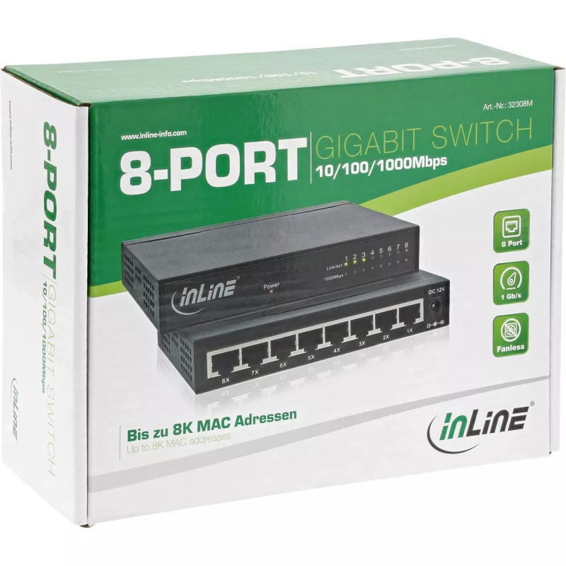 InLine võrgukommutaator 8-pordiline, 1 Gb/s, lauaarvuti, metallist, ventilaatorita, varjestatud pordid