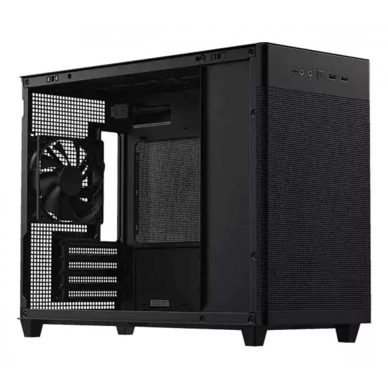 PC korpus ASUS Prime AP201 MicroATX Mini Torn Must — toetab microATX, max GPU 338 mm, CPU jahuti kõrgus 170 mm, 3x 3,5-tollist pesa, USB-A 2x, USB-C 1x