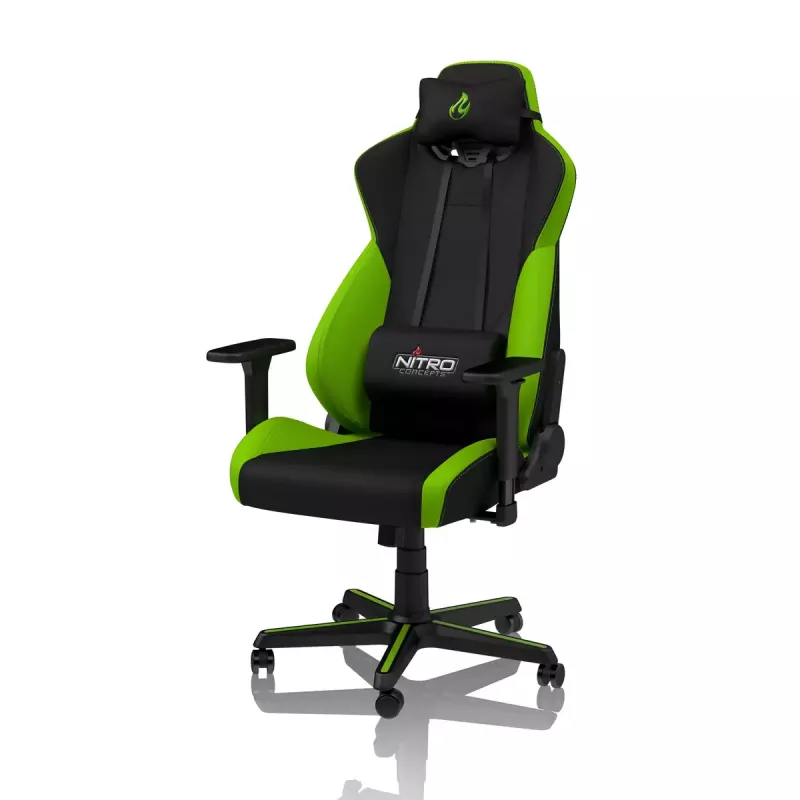 Mängutool Nitro Concepts S300 — riidest iste, reguleeritav kõrgus 128–140 cm, seljatoe laius 56 cm, must/roheline