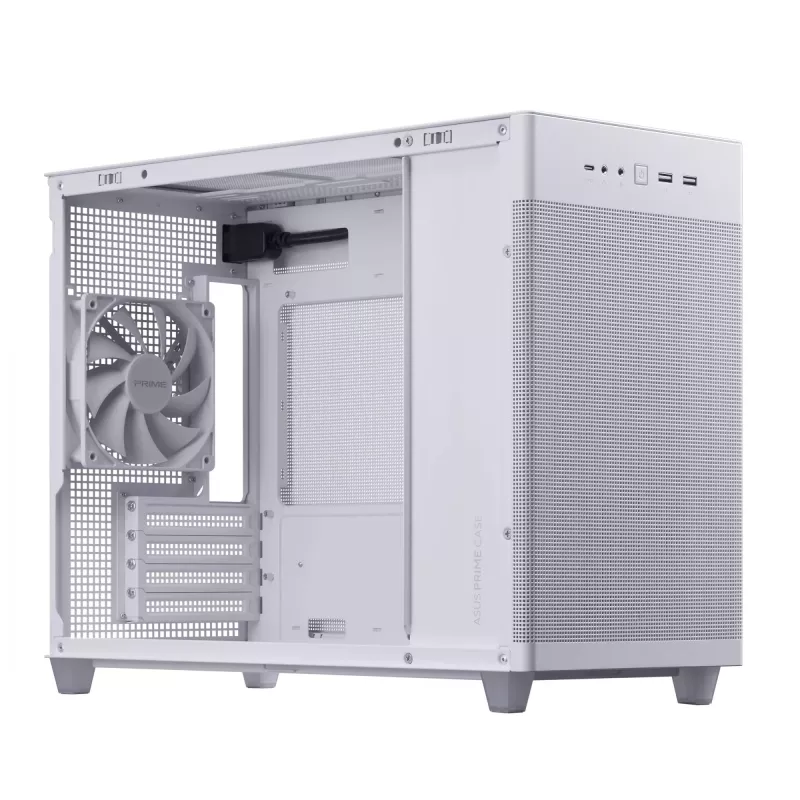 PC Case ASUS Prime AP201 MicroATX Mini Tower Valge — toetab microATX-i, kuni 338 mm GPU-d, 3×3,5-tollist + 1×2,5-tollist draivi, USB-A 3.2 Gen1×2, USB-C 3.2 Gen2×1