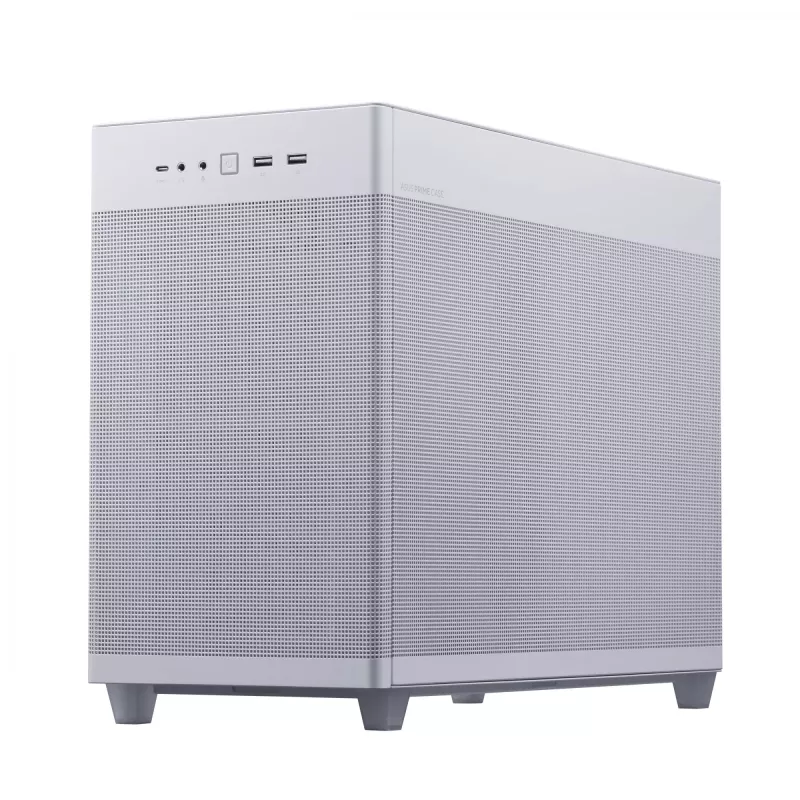 PC Case ASUS Prime AP201 MicroATX Mini Tower Valge — toetab microATX-i, kuni 338 mm GPU-d, 3×3,5-tollist + 1×2,5-tollist draivi, USB-A 3.2 Gen1×2, USB-C 3.2 Gen2×1