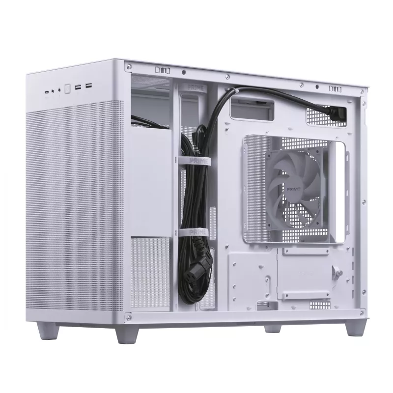 PC Case ASUS Prime AP201 MicroATX Mini Tower Valge — toetab microATX-i, kuni 338 mm GPU-d, 3×3,5-tollist + 1×2,5-tollist draivi, USB-A 3.2 Gen1×2, USB-C 3.2 Gen2×1