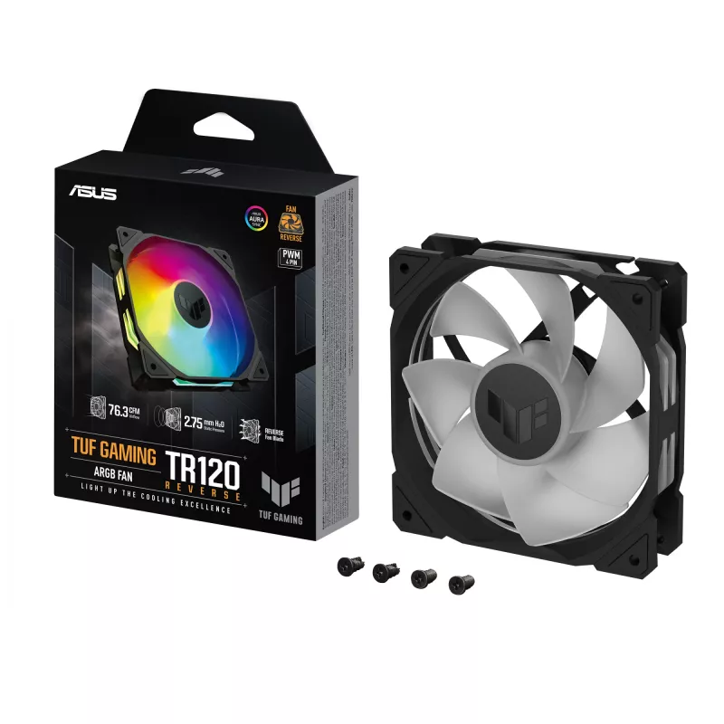 Korpuse ventilaator ASUS TUF Gaming TR120 ARGB, 120 mm, PWM, 1800–2200 RPM, 76,3 CFM, 2,75 mmH₂O, hüdrauliline laager, must