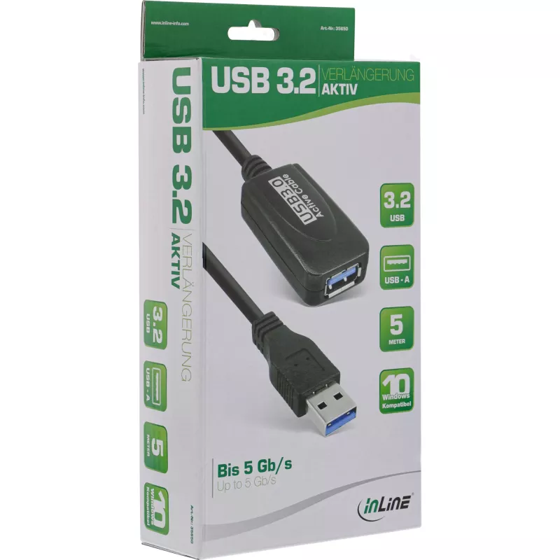 InLine USB3.2 Gen.1 Active Repeater kaabel Type A male / female, must, 5 m