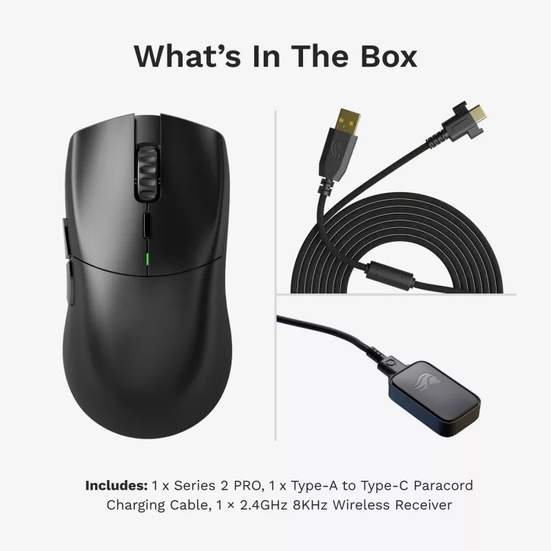 Juhtmevaba mänguhiir GLORIOUS Series 2 PRO (paremakäeline) — 26 000 DPI, RF-juhtmevaba + USB‑C, 4K/8K Hz, 6 nuppu, must