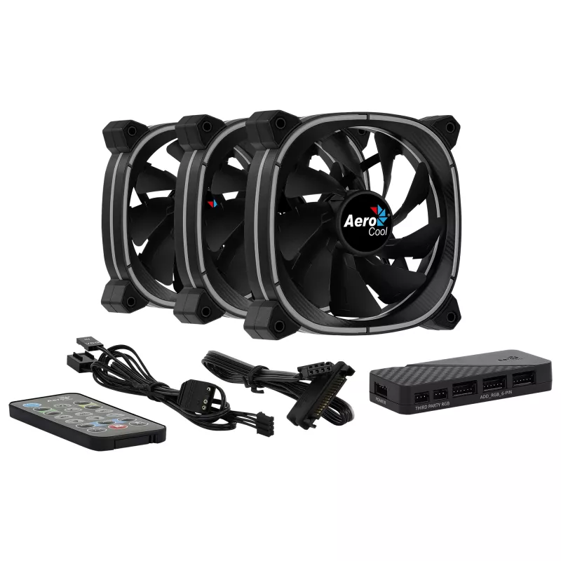 Aerocool ASTRO12PRO komplekt 3 ventilaatorit PC 12cm LED RGB vibratsioonivastane kaugjuhtimispult