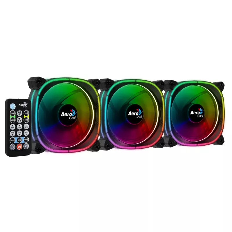 Aerocool ASTRO12PRO komplekt 3 ventilaatorit PC 12cm LED RGB vibratsioonivastane kaugjuhtimispult