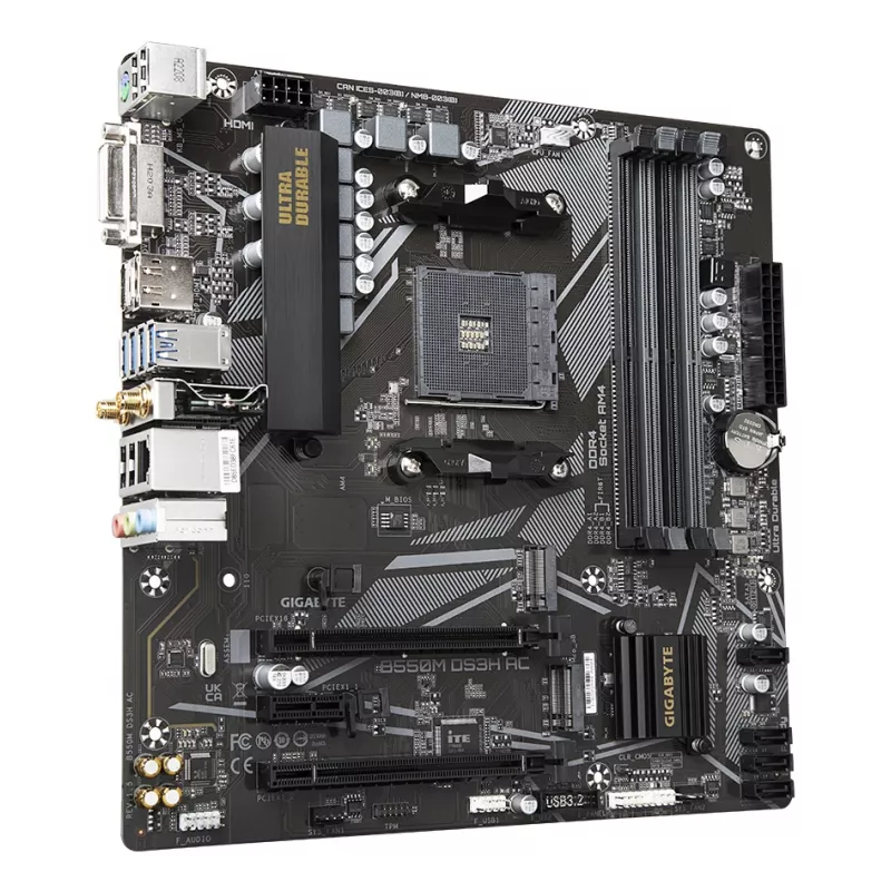 GIGABYTE B550M DS3H AC emaplaat - AMD Ryzen 5000 protsessoritele, 5+3 faasi VRM, kuni 4733 MHz DDR4, 1xPCIe 4.0 + 1xPCIe 3.0 M.2, Wi-Fi 5, 1GbE LAN, USB 3.2 Gen 1