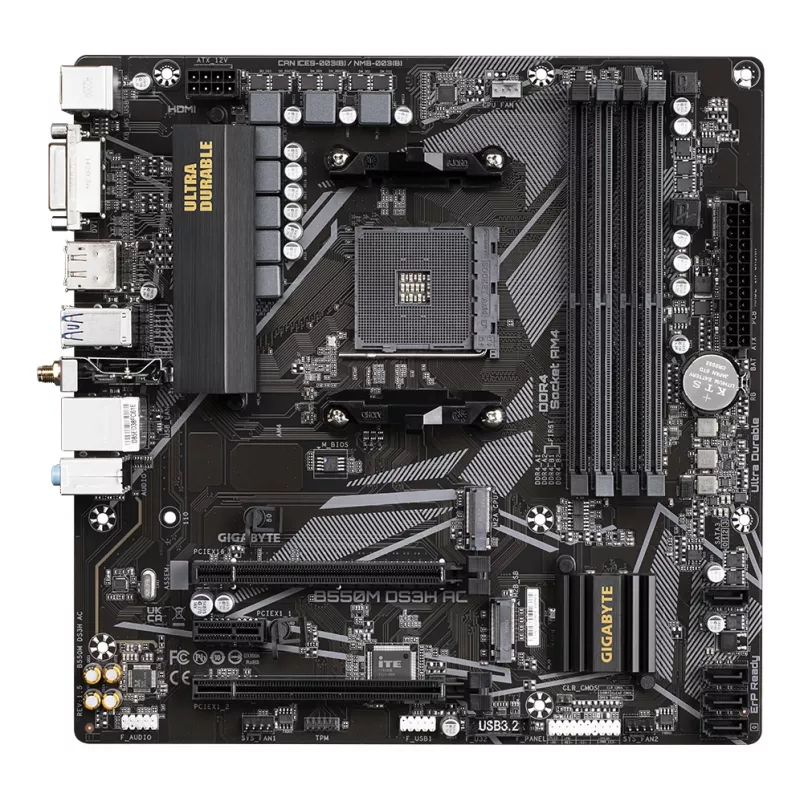 GIGABYTE B550M DS3H AC emaplaat - AMD Ryzen 5000 protsessoritele, 5+3 faasi VRM, kuni 4733 MHz DDR4, 1xPCIe 4.0 + 1xPCIe 3.0 M.2, Wi-Fi 5, 1GbE LAN, USB 3.2 Gen 1