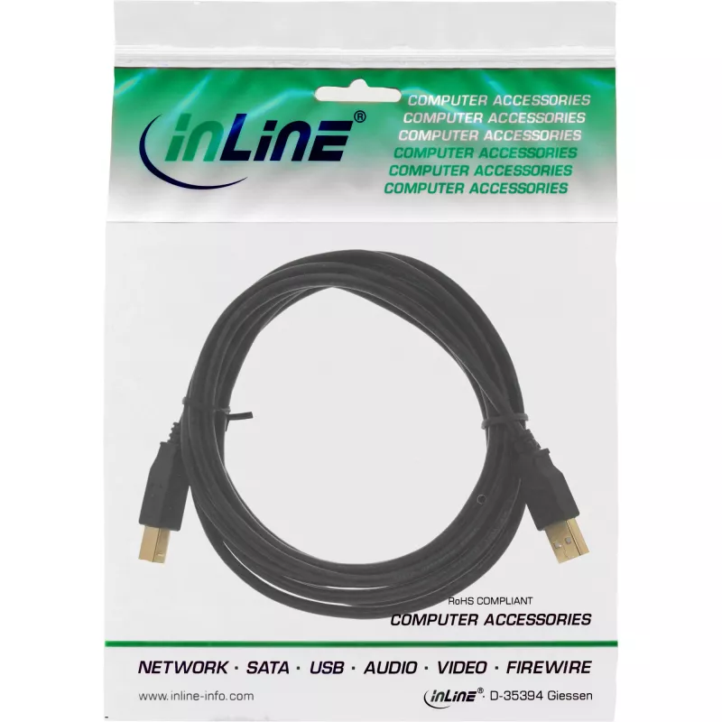 InLine USB 2.0 kaabel tüüp A isane / tüüp B emane must, kullatud, 1 m