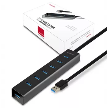 Axagon HUE-SA7BP 7x USB 3.0 ALU LAADIMISJAOTUR must, koos vahelduvvooluadapteriga