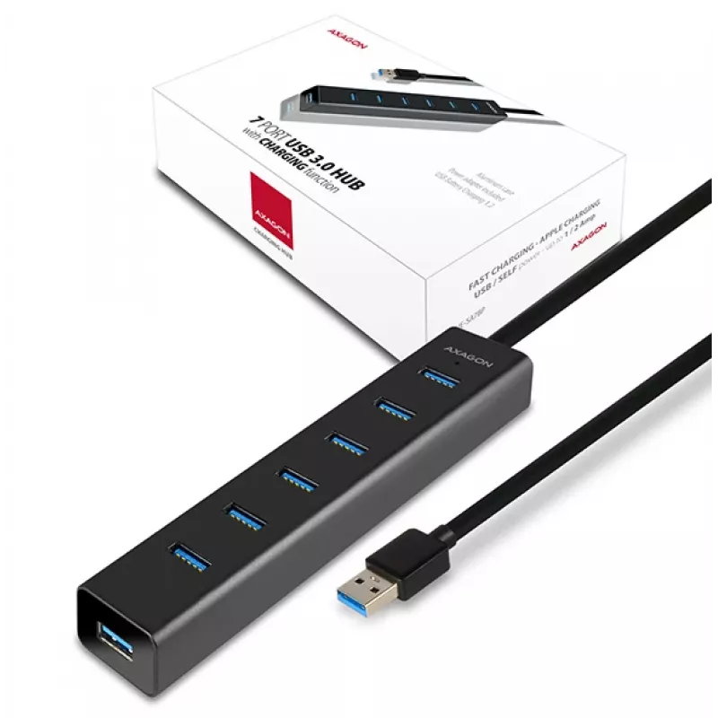Axagon HUE-SA7BP 7x USB 3.0 ALU LAADIMISJAOTUR must, koos vahelduvvooluadapteriga
