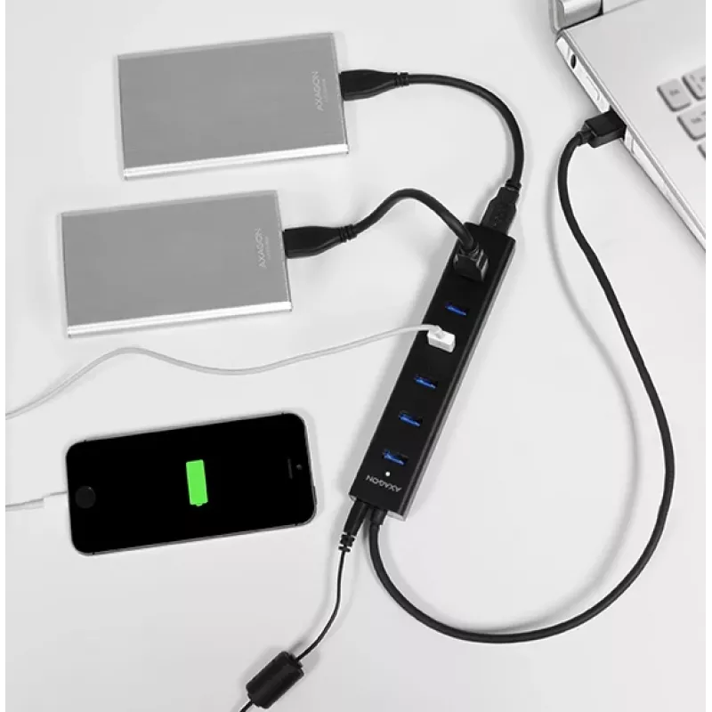 Axagon HUE-SA7BP 7x USB 3.0 ALU LAADIMISJAOTUR must, koos vahelduvvooluadapteriga