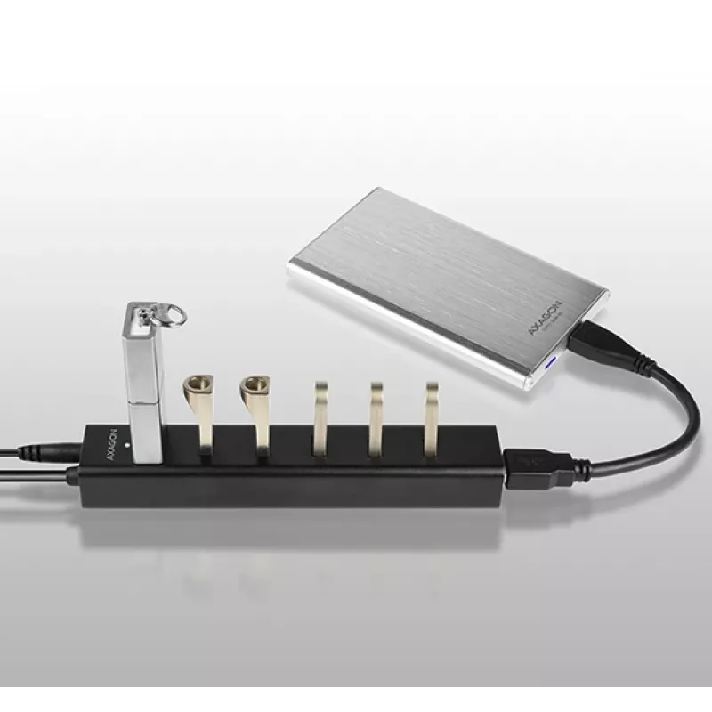 Axagon HUE-SA7BP 7x USB 3.0 ALU LAADIMISJAOTUR must, koos vahelduvvooluadapteriga