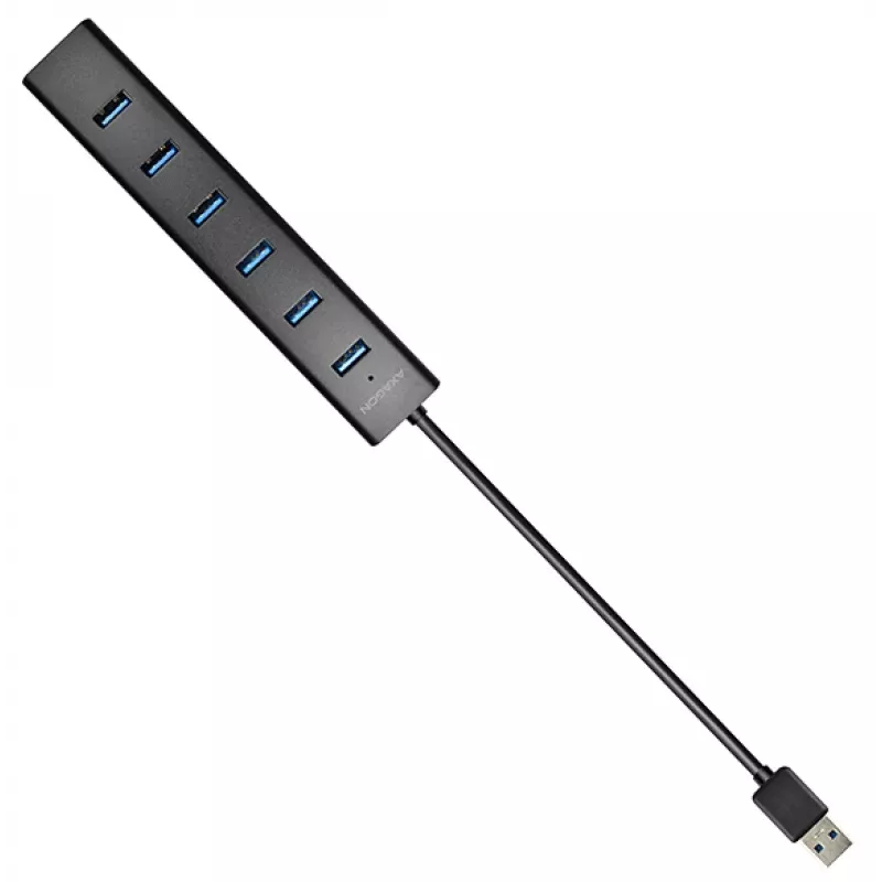 Axagon HUE-SA7BP 7x USB 3.0 ALU LAADIMISJAOTUR must, koos vahelduvvooluadapteriga