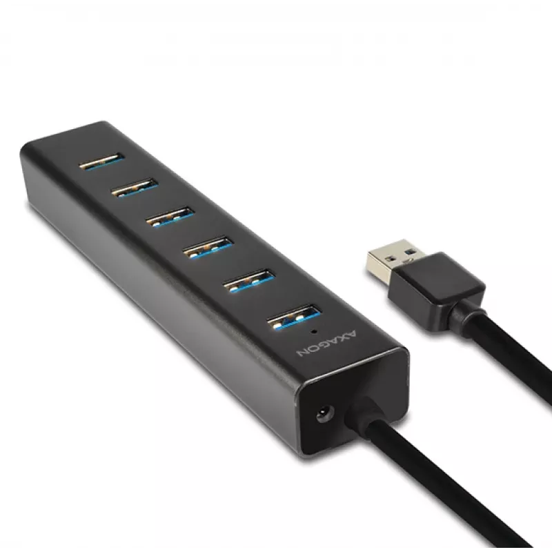 Axagon HUE-SA7BP 7x USB 3.0 ALU LAADIMISJAOTUR must, koos vahelduvvooluadapteriga