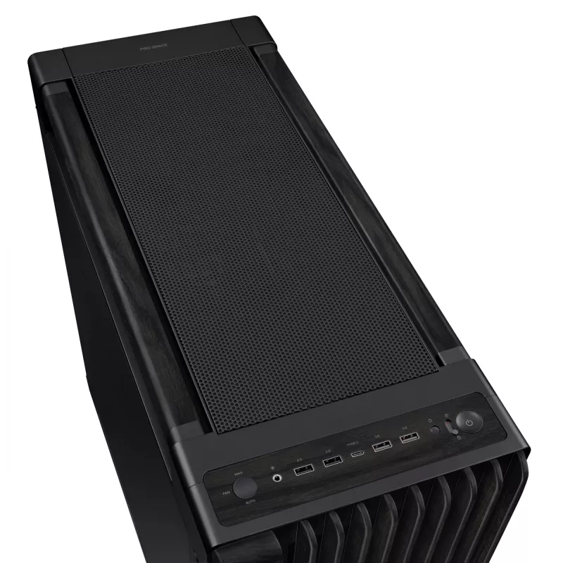 PC-korpus ASUS ProArt PA602 Wood Edition Midi Tower Must — EATX tugi, 45 cm GPU, 19 cm PSU/jahuti, 8 kõvakettasahtlit, USB-C