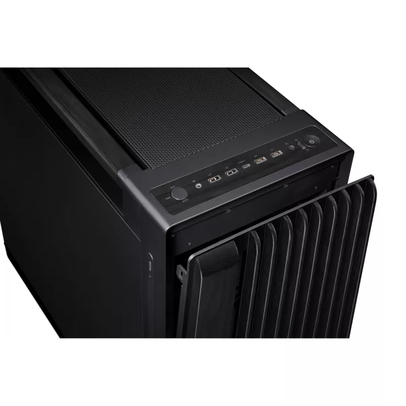 PC-korpus ASUS ProArt PA602 Wood Edition Midi Tower Must — EATX tugi, 45 cm GPU, 19 cm PSU/jahuti, 8 kõvakettasahtlit, USB-C