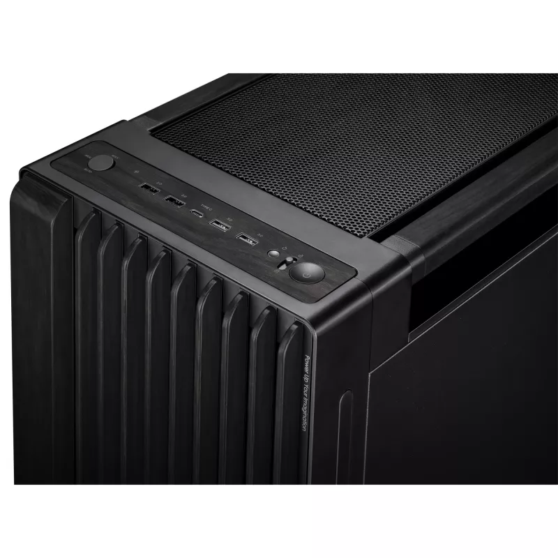 PC-korpus ASUS ProArt PA602 Wood Edition Midi Tower Must — EATX tugi, 45 cm GPU, 19 cm PSU/jahuti, 8 kõvakettasahtlit, USB-C