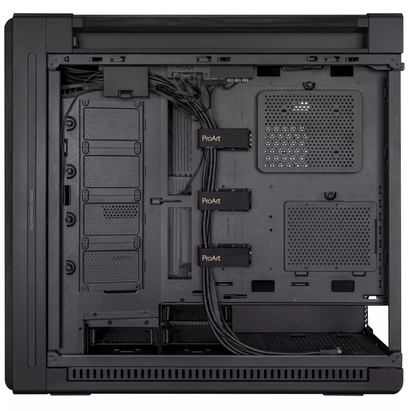PC-korpus ASUS ProArt PA602 Wood Edition Midi Tower Must — EATX tugi, 45 cm GPU, 19 cm PSU/jahuti, 8 kõvakettasahtlit, USB-C