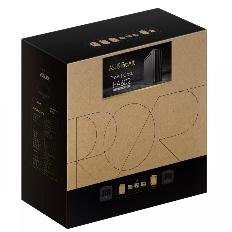 PC-korpus ASUS ProArt PA602 Wood Edition Midi Tower Must — EATX tugi, 45 cm GPU, 19 cm PSU/jahuti, 8 kõvakettasahtlit, USB-C