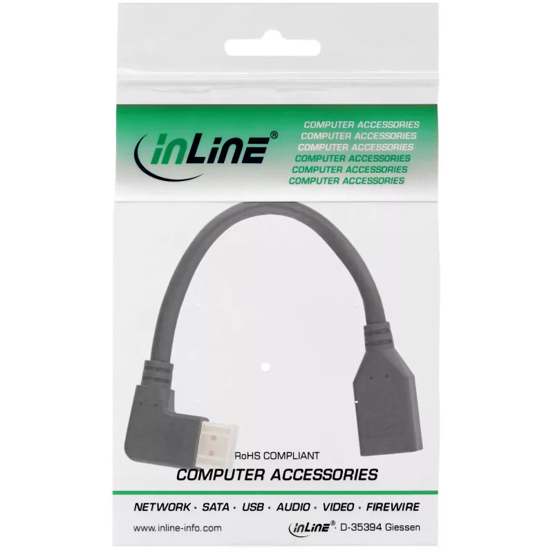 InLine DisplayPort 1.4 adapterkaabel M/F, 8K4K, vasakule kaldu, must/kuldne, 0.15m