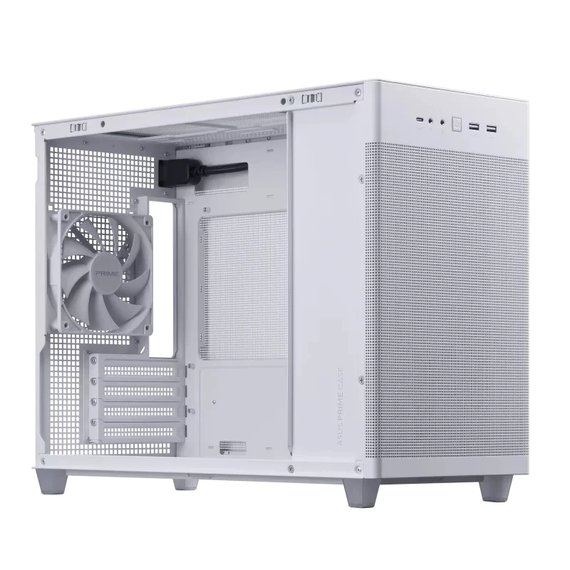 PC-korpus ASUS AP201 PRIME CASE TG Valge Mini Tower — micro ATX, karastatud klaas, 3×3,5 tolli sahtlit, 1×2,5 tolli, USB-A×2, USB-C×1