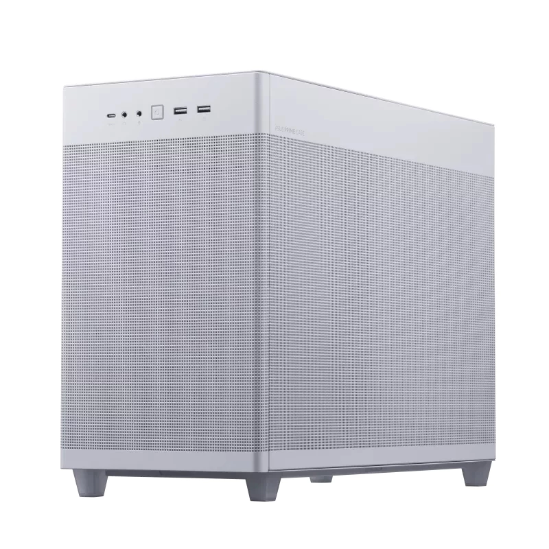 PC-korpus ASUS AP201 PRIME CASE TG Valge Mini Tower — micro ATX, karastatud klaas, 3×3,5 tolli sahtlit, 1×2,5 tolli, USB-A×2, USB-C×1