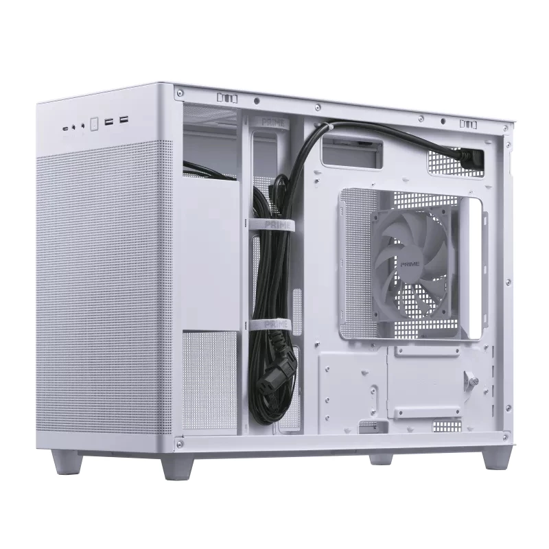 PC-korpus ASUS AP201 PRIME CASE TG Valge Mini Tower — micro ATX, karastatud klaas, 3×3,5 tolli sahtlit, 1×2,5 tolli, USB-A×2, USB-C×1