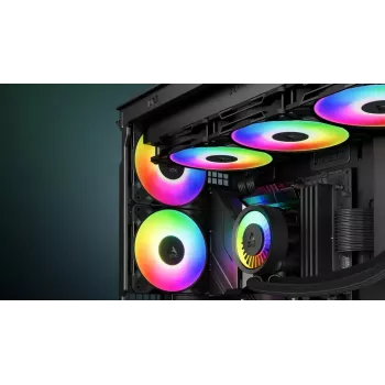 120 mm PWM A‑RGB korpusventilaatorid 3‑pakendis, Arctic Freezer P12 Pro A‑RGB — 131 m³/h, Fluid Dynamic laager, must/valge valik