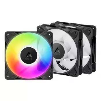 120 mm PWM A‑RGB korpusventilaatorid 3‑pakendis, Arctic Freezer P12 Pro A‑RGB — 131 m³/h, Fluid Dynamic laager, must/valge valik