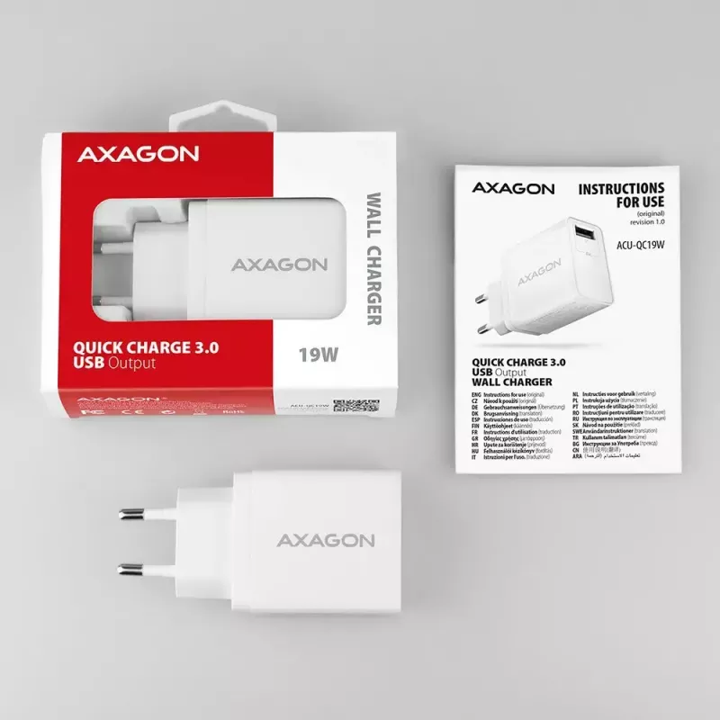 Axagon ACU-QC19W seinadapter 1x QC3.0/AFC/FCP/SMART 19W valge