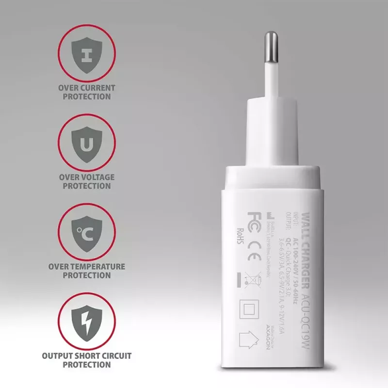 Axagon ACU-QC19W seinadapter 1x QC3.0/AFC/FCP/SMART 19W valge