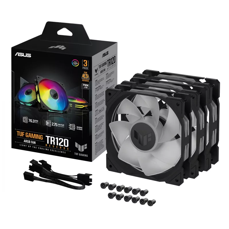 Ventilaator ASUS TUF Gaming TR120 ARGB Reverse Triple Pack — 3×120 mm, 2200 RPM, PWM, 2,75 mmH2O, 16 LED-i, must
