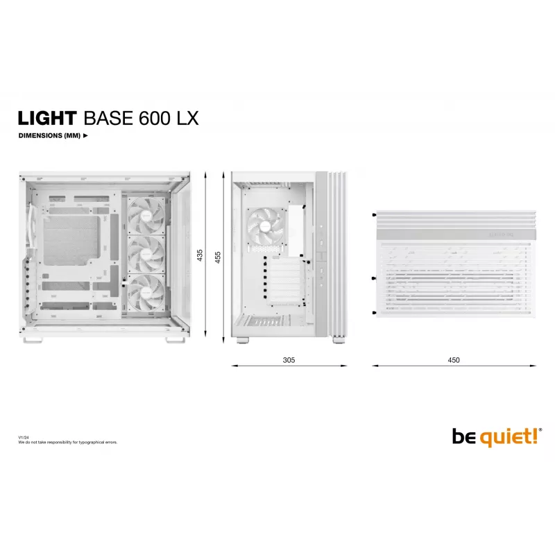 PC case be quiet! LIGHT BASE 600 LX Valge Midi Tower — ATX, külgaken, ARGB esiosa, USB-C, toetab 360 mm radiaatorit