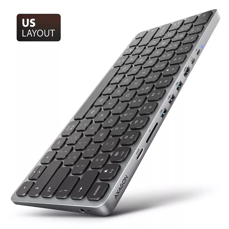 Axagon HMC-KB-US, USB 5Gbps jaotur koos klaviatuuriga, HDMI 4K/60Hz, 3x USB-A, SD/mSD, heli, PD 100, USA paigutus