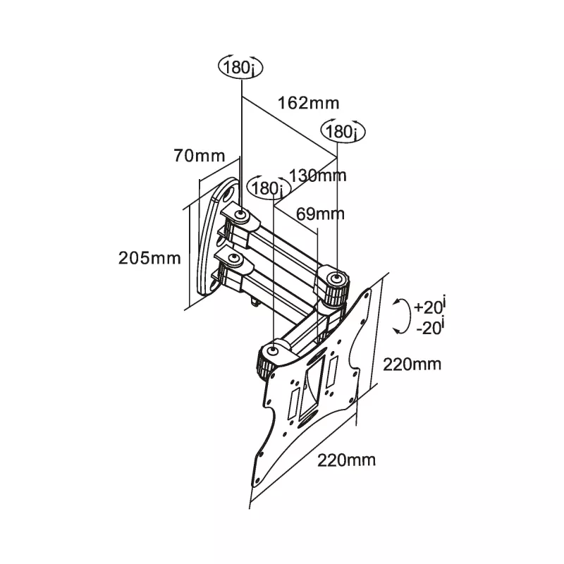 InLine seinakinnitus TFT/LED/plasma 58–107 cm (23–42 tolli) kallutus/pööre, VESA 100x100–200x200, max 30 kg, must
