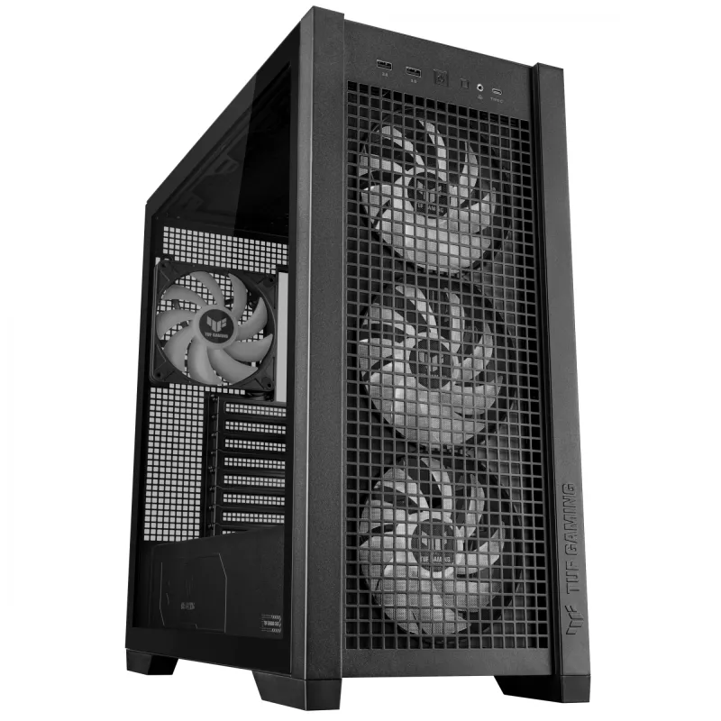 PC-korpus ASUS TUF Gaming GT302 ARGB Midi Tower must — karastatud klaas, 3x140 mm ees + 1x140 mm taga, USB-C