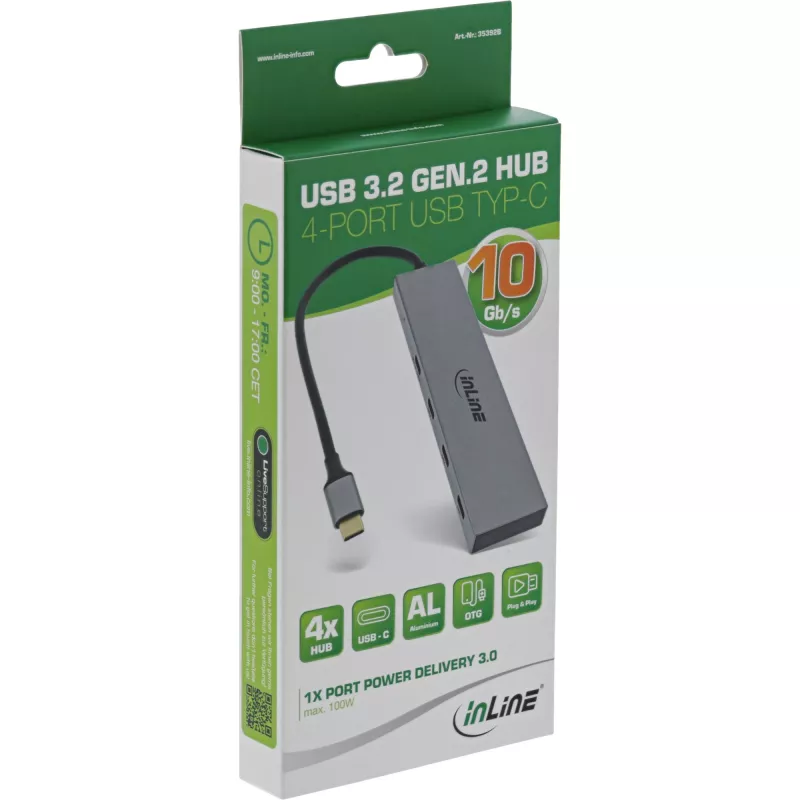 InLine USB 3.2 Gen.2 jaotur (10 Gb/s), 4 port USB-C, OTG, alumiiniumkorpus