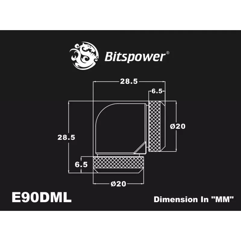Survepainutus BitsPower Carbon Must BP-CBE90DML — messingist 90° liitmik, süsinikmust viimistlus, 1 tk