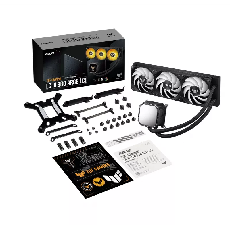 Mitmikvedelikjahutus ASUS TUF Gaming LC III 360 ARGB LCD — 360 mm radiaator, 3x 120 mm ventilaatorit, Socket AM5/AM4/LGA1700/LGA1200, Must
