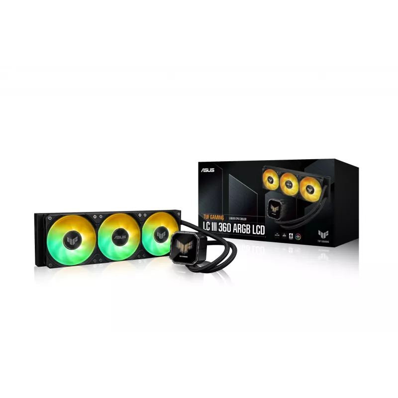 Mitmikvedelikjahutus ASUS TUF Gaming LC III 360 ARGB LCD — 360 mm radiaator, 3x 120 mm ventilaatorit, Socket AM5/AM4/LGA1700/LGA1200, Must