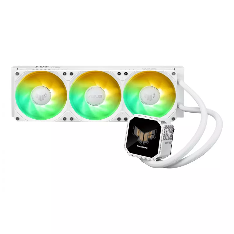 Vedelikjahutuskomplekt ASUS TUF Gaming LC III 360 ARGB LCD Valge Edition — 360 mm radiaator, 3×120 mm PWM ventilaatorit, LCD-ekraan, Valge